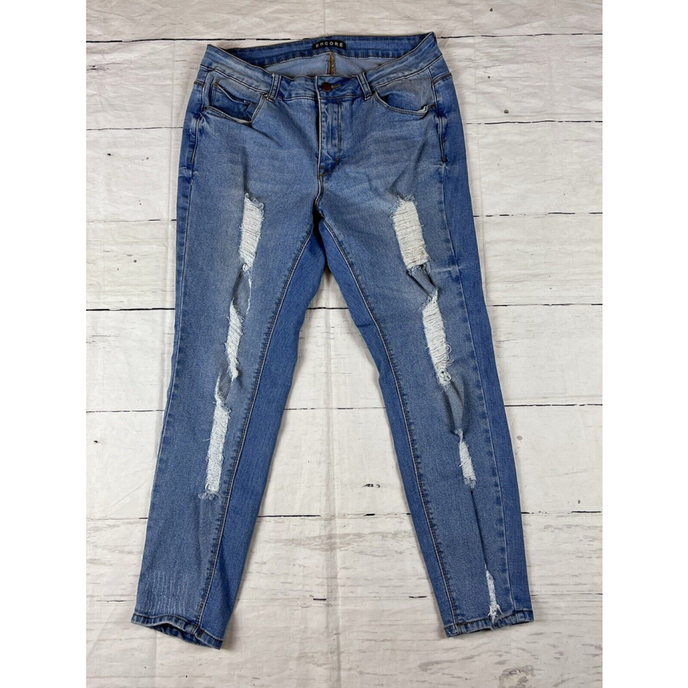 Encore Jeans Women's Blue Denim Distressed Stretch Size XL (30) EUC